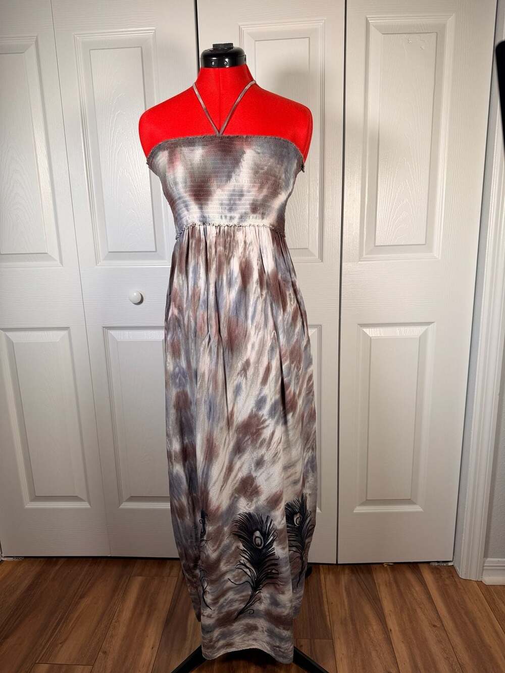 Tie Dye Halter Maxi Dress Smocked Peacock Feather Beach Cover Up